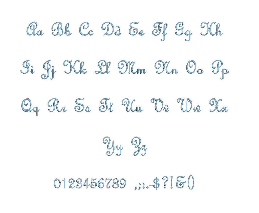 French Script embroidery BX font Sizes 0.25 (1/4), 0.50 (1/2), 1, 1.5 ...