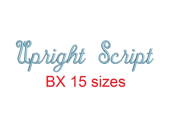 Upright Script embroidery BX font Sizes 0.25 (1/4), 0.50 (1/2), 1, 1.5, 2, 2.5, 3, 3.5, 4, 4.5, 5, 5.5, 6, 6.5, and 7 inches