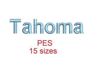 Tahoma embroidery font PES format 15 Sizes 0.25 (1/4), 0.5 (1/2), 1, 1.5, 2, 2.5, 3, 3.5, 4, 4.5, 5, 5.5, 6, 6.5, and 7 inches