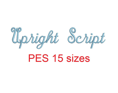 Upright Script embroidery font PES format 15 Sizes 0.25 (1/4), 0.5 (1/2), 1, 1.5, 2, 2.5, 3, 3.5, 4, 4.5, 5, 5.5, 6, 6.5, and 7 inches