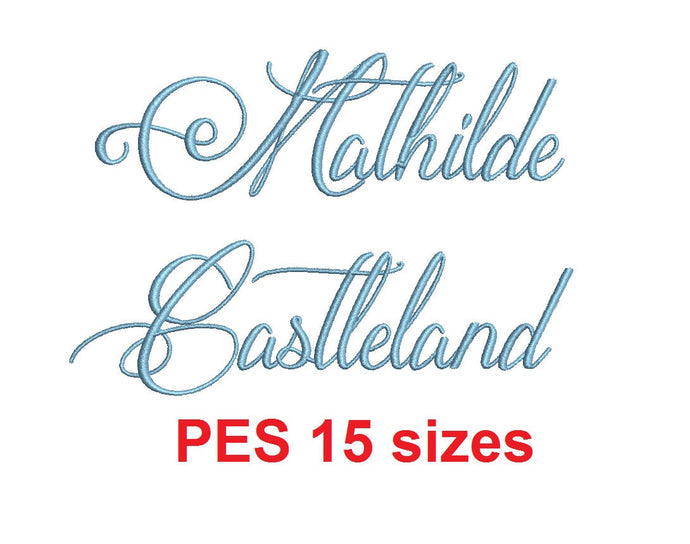 Mathilde Castleland embroidery font PES format 15 Sizes 0.25 (1/4), 0.5 (1/2), 1, 1.5, 2, 2.5, 3, 3.5, 4, 4.5, 5, 5.5, 6, 6.5, and 7 inches