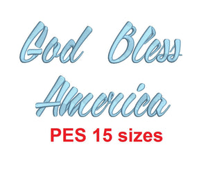 God Bless America script embroidery font PES format 15 Sizes 0.25, 0.5, 1, 1.5, 2, 2.5, 3, 3.5, 4, 4.5, 5, 5.5, 6, 6.5, and 7 inches