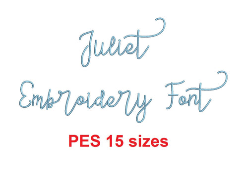Juliet Script embroidery font PES format 15 Sizes 0.25 (1/4), 0.5 (1/2), 1, 1.5, 2, 2.5, 3, 3.5, 4, 4.5, 5, 5.5, 6, 6.5, and 7 inches