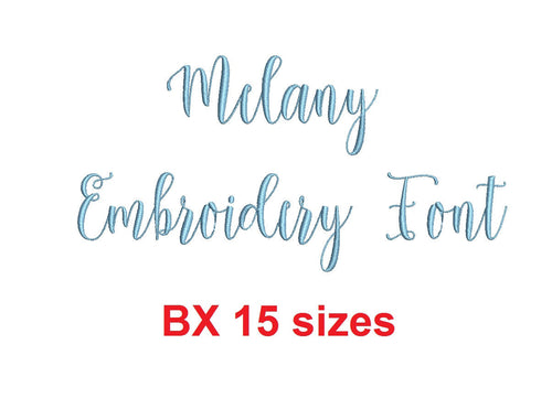 Melany Script embroidery BX font Sizes 0.25 (1/4), 0.50 (1/2), 1, 1.5, 2, 2.5, 3, 3.5, 4, 4.5, 5, 5.5, 6, 6.5, and 7 inches