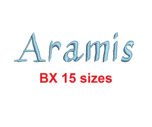 Aramis embroidery BX font Sizes 0.25 (1/4), 0.50 (1/2), 1, 1.5, 2, 2.5, 3, 3.5, 4, 4.5, 5, 5.5, 6, 6.5, and 7 inches