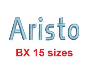 Aristo embroidery BX font Sizes 0.25 (1/4), 0.50 (1/2), 1, 1.5, 2, 2.5, 3, 3.5, 4, 4.5, 5, 5.5, 6, 6.5, and 7 inches