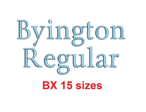 Byington Regular™ block embroidery BX font Sizes 0.25 (1/4), 0.50 (1/2), 1, 1.5, 2, 2.5, 3, 3.5, 4, 4.5, 5, 5.5, 6, 6.5, and 7 inches (RLA)
