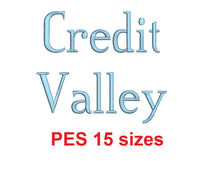 Credit Valley™ embroidery font PES 15 Sizes 0.25 (1/4), 0.5 (1/2), 1, 1.5, 2, 2.5, 3, 3.5, 4, 4.5, 5, 5.5, 6, 6.5, and 7" (RLA)