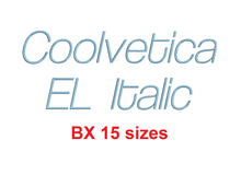 Coolvetica EL Italic™ embroidery BX font Sizes 0.25 (1/4), 0.50 (1/2), 1, 1.5, 2, 2.5, 3, 3.5, 4, 4.5, 5, 5.5, 6, 6.5, and 7 inches (RLA)