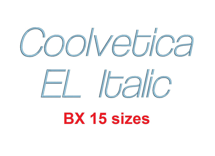 Coolvetica EL Italic™ embroidery BX font Sizes 0.25 (1/4), 0.50 (1/2), 1, 1.5, 2, 2.5, 3, 3.5, 4, 4.5, 5, 5.5, 6, 6.5, and 7 inches (RLA)