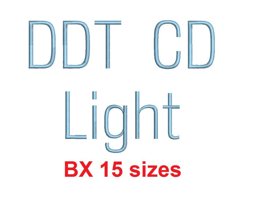 Ddt CD Light™ embroidery BX font Sizes 0.25 (1/4), 0.50 (1/2), 1, 1.5, 2, 2.5, 3, 3.5, 4, 4.5, 5, 5.5, 6, 6.5, and 7 inches (RLA)