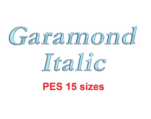 Garamond Italic embroidery font PES format 15 Sizes 0.25 (1/4), 0.5 (1/2), 1, 1.5, 2, 2.5, 3, 3.5, 4, 4.5, 5, 5.5, 6, 6.5, and 7 inches