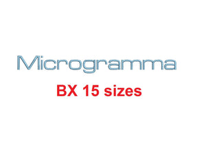 Microgramma embroidery BX font Sizes 0.25 (1/4), 0.50 (1/2), 1, 1.5, 2, 2.5, 3, 3.5, 4, 4.5, 5, 5.5, 6, 6.5, and 7 inches