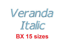 Veranda Italic embroidery BX font Sizes 0.25 (1/4), 0.50 (1/2), 1, 1.5, 2, 2.5, 3, 3.5, 4, 4.5, 5, 5.5, 6, 6.5, and 7 inches