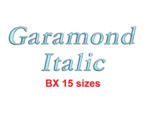Garamond Italic embroidery BX font Sizes 0.25 (1/4), 0.50 (1/2), 1, 1.5, 2, 2.5, 3, 3.5, 4, 4.5, 5, 5.5, 6, 6.5, and 7 inches