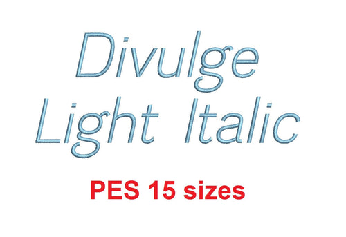 Divulge Light Italic™ embroidery font PES 15 Sizes 0.25 (1/4), 0.5 (1/2), 1, 1.5, 2, 2.5, 3, 3.5, 4, 4.5, 5, 5.5, 6, 6.5, and 7