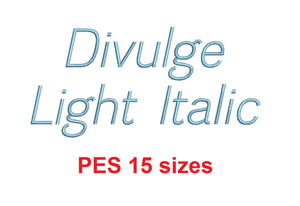 Divulge Light Italic™ embroidery font PES 15 Sizes 0.25 (1/4), 0.5 (1/2), 1, 1.5, 2, 2.5, 3, 3.5, 4, 4.5, 5, 5.5, 6, 6.5, and 7" (RLA)