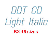 Ddt CD Light Italic™ embroidery BX font Sizes 0.25 (1/4), 0.50 (1/2), 1, 1.5, 2, 2.5, 3, 3.5, 4, 4.5, 5, 5.5, 6, 6.5, and 7 inches (RLA)