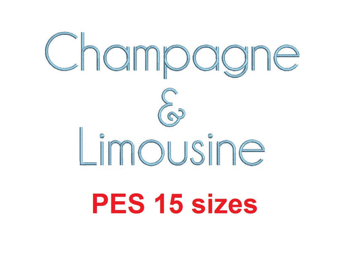 Champagne & Limousine block embroidery font PES 15 Sizes 0.25 (1/4), 0.5 (1/2), 1, 1.5, 2, 2.5, 3, 3.5, 4, 4.5, 5, 5.5, 6, 6.5, and 7