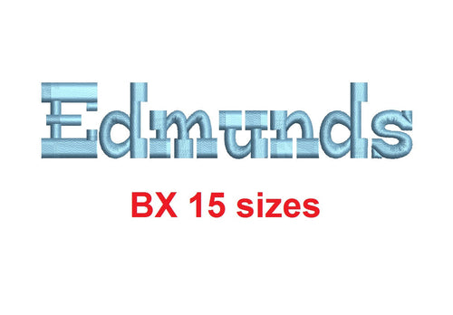 Edmunds™ block embroidery BX font Sizes 0.25 (1/4), 0.50 (1/2), 1, 1.5, 2, 2.5, 3, 3.5, 4, 4.5, 5, 5.5, 6, 6.5, and 7