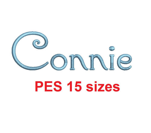 Connie embroidery font PES format 15 Sizes 0.25 (1/4), 0.5 (1/2), 1, 1.5, 2, 2.5, 3, 3.5, 4, 4.5, 5, 5.5, 6, 6.5, and 7 inches