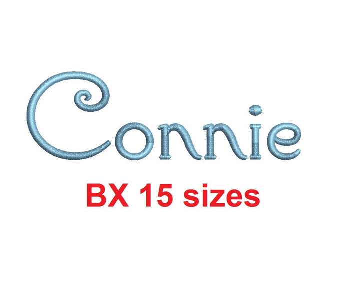 Connie script embroidery BX font Sizes 0.25 (1/4), 0.50 (1/2), 1, 1.5, 2, 2.5, 3, 3.5, 4, 4.5, 5, 5.5, 6, 6.5, and 7 inches