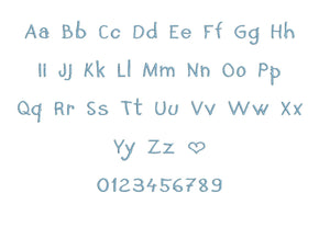 I Secret I Love You embroidery font PES format 15 Sizes 0.25, 0.5, 1, 1.5, 2, 2.5, 3, 3.5, 4, 4.5, 5, 5.5, 6, 6.5, and 7 inches