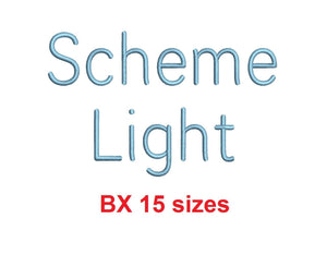Scheme Light™ embroidery BX font Sizes 0.25 (1/4), 0.50 (1/2), 1, 1.5, 2, 2.5, 3, 3.5, 4, 4.5, 5, 5.5, 6, 6.5, and 7 inches (RLA)