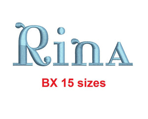 Rina™ embroidery BX font Sizes 0.25 (1/4), 0.50 (1/2), 1, 1.5, 2, 2.5, 3, 3.5, 4, 4.5, 5, 5.5, 6, 6.5, and 7 inches (RLA)