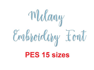 Melany Script embroidery font PES format 15 Sizes 0.25 (1/4), 0.5 (1/2), 1, 1.5, 2, 2.5, 3, 3.5, 4, 4.5, 5, 5.5, 6, 6.5, and 7 inches
