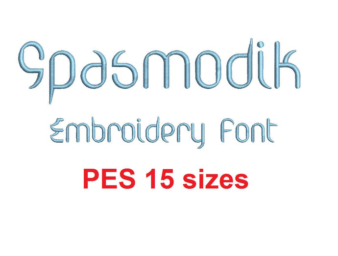 Spasmodik embroidery font PES 15 Sizes 0.25 (1/4), 0.5 (1/2), 1, 1.5, 2, 2.5, 3, 3.5, 4, 4.5, 5, 5.5, 6, 6.5, and 7 inches (RLA)