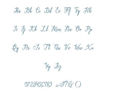 Alisha Script embroidery BX font Sizes 0.25 (1/4), 0.50 (1/2), 1, 1.5, 2, 2.5, 3, 3.5, 4, 4.5, 5, 5.5, 6, 6.5, and 7 inches