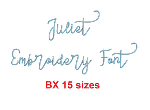 Juliet Script embroidery BX font Sizes 0.25 (1/4), 0.50 (1/2), 1, 1.5, 2, 2.5, 3, 3.5, 4, 4.5, 5, 5.5, 6, 6.5, and 7 inches