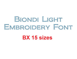 Biondi Light™ block embroidery BX font Sizes 0.25 (1/4), 0.50 (1/2), 1, 1.5, 2, 2.5, 3, 3.5, 4, 4.5, 5, 5.5, 6, 6.5, and 7 inches (RLA)