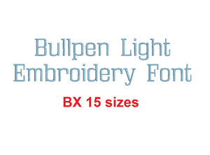 Bullpen Light™ embroidery BX font Sizes 0.25 (1/4), 0.50 (1/2), 1, 1.5, 2, 2.5, 3, 3.5, 4, 4.5, 5, 5.5, 6, 6.5, and 7 inches (RLA)