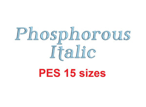 Phosphorous Italic embroidery font PES format 15 Sizes instant download 0.25, 0.5, 1, 1.5, 2, 2.5, 3, 3.5, 4, 4.5, 5, 5.5, 6, 6.5, and 7"