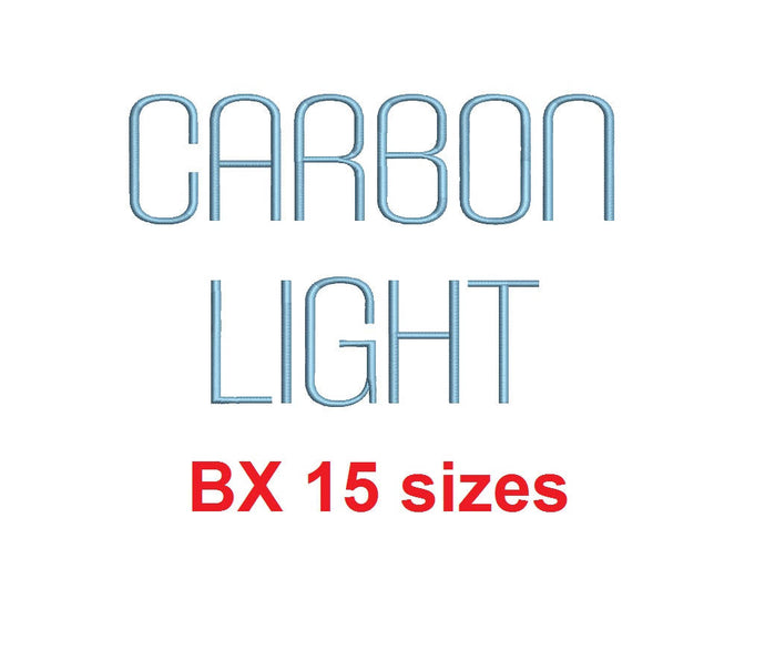 Carbon Light™ block embroidery BX font Sizes 0.25 (1/4), 0.50 (1/2), 1, 1.5, 2, 2.5, 3, 3.5, 4, 4.5, 5, 5.5, 6, 6.5, and 7