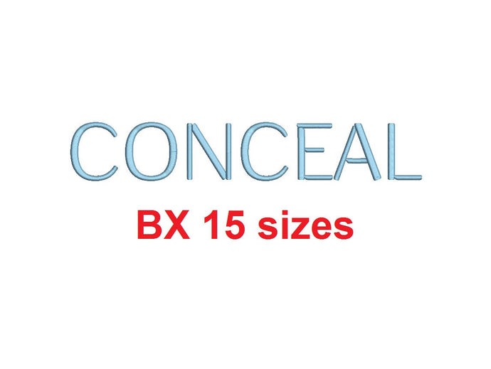 Conceal™ block embroidery BX font Sizes 0.25 (1/4), 0.50 (1/2), 1, 1.5, 2, 2.5, 3, 3.5, 4, 4.5, 5, 5.5, 6, 6.5, and 7