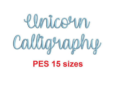 Unicorn Calligraphy embroidery font PES format 15 Sizes 0.25 (1/4), 0.5 (1/2), 1, 1.5, 2, 2.5, 3, 3.5, 4, 4.5, 5, 5.5, 6, 6.5, and 7