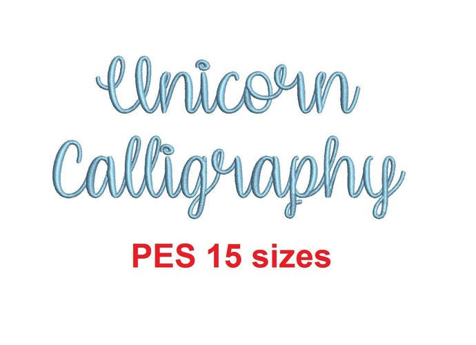 Unicorn Calligraphy embroidery font PES format 15 Sizes 0.25 (1/4), 0.5 (1/2), 1, 1.5, 2, 2.5, 3, 3.5, 4, 4.5, 5, 5.5, 6, 6.5, and 7