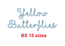 Yellow Butterflies embroidery BX font Sizes 0.25 (1/4), 0.50 (1/2), 1, 1.5, 2, 2.5, 3, 3.5, 4, 4.5, 5, 5.5, 6, 6.5, and 7" (MHA)