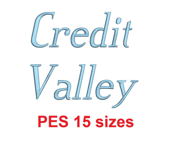 Credit Valley Italic™ embroidery font PES 15 Sizes 0.25 (1/4), 0.5 (1/2), 1, 1.5, 2, 2.5, 3, 3.5, 4, 4.5, 5, 5.5, 6, 6.5, and 7
