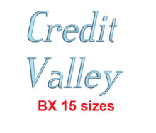 Credit Valley Italic™ embroidery BX font Sizes 0.25 (1/4), 0.50 (1/2), 1, 1.5, 2, 2.5, 3, 3.5, 4, 4.5, 5, 5.5, 6, 6.5, and 7 inches (RLA)