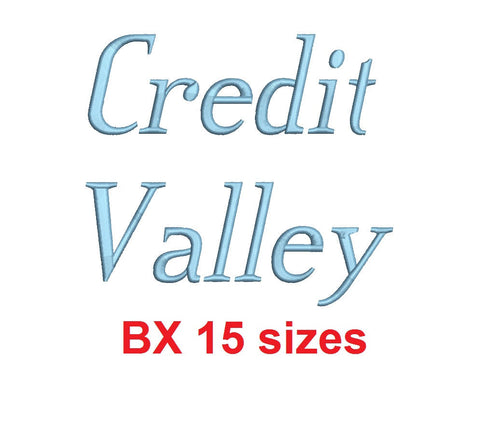 Credit Valley Italic™ embroidery BX font Sizes 0.25 (1/4), 0.50 (1/2), 1, 1.5, 2, 2.5, 3, 3.5, 4, 4.5, 5, 5.5, 6, 6.5, and 7 inches (RLA)