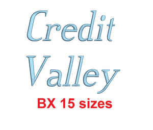 Credit Valley Italic™ embroidery BX font Sizes 0.25 (1/4), 0.50 (1/2), 1, 1.5, 2, 2.5, 3, 3.5, 4, 4.5, 5, 5.5, 6, 6.5, and 7 inches (RLA)