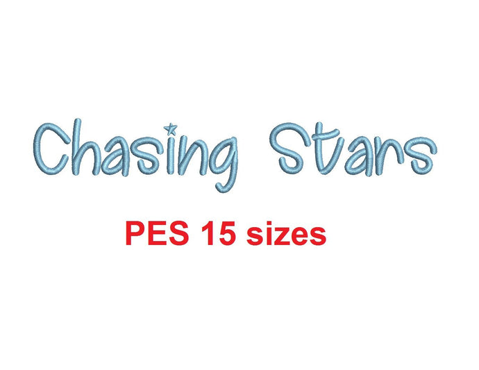 Chasing Stars embroidery font PES format 15 Sizes 0.25 (1/4), 0.5 (1/2), 1, 1.5, 2, 2.5, 3, 3.5, 4, 4.5, 5, 5.5, 6, 6.5, and 7 inches (MHA)