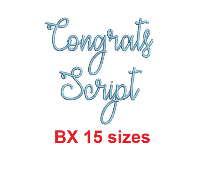Congrats Script embroidery BX font Sizes 0.25 (1/4), 0.50 (1/2), 1, 1.5, 2, 2.5, 3, 3.5, 4, 4.5, 5, 5.5, 6, 6.5, 7