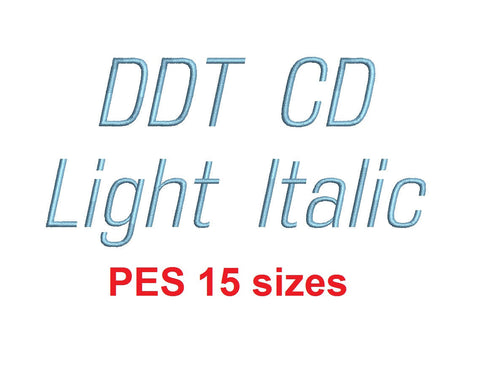 Ddt CD Light Italic™ embroidery font PES 15 Sizes 0.25 (1/4), 0.5 (1/2), 1, 1.5, 2, 2.5, 3, 3.5, 4, 4.5, 5, 5.5, 6, 6.5, and 7