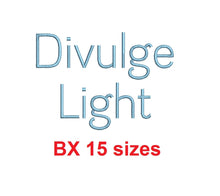Divulge Light™ embroidery BX font Sizes 0.25 (1/4), 0.50 (1/2), 1, 1.5, 2, 2.5, 3, 3.5, 4, 4.5, 5, 5.5, 6, 6.5, and 7 inches (RLA)