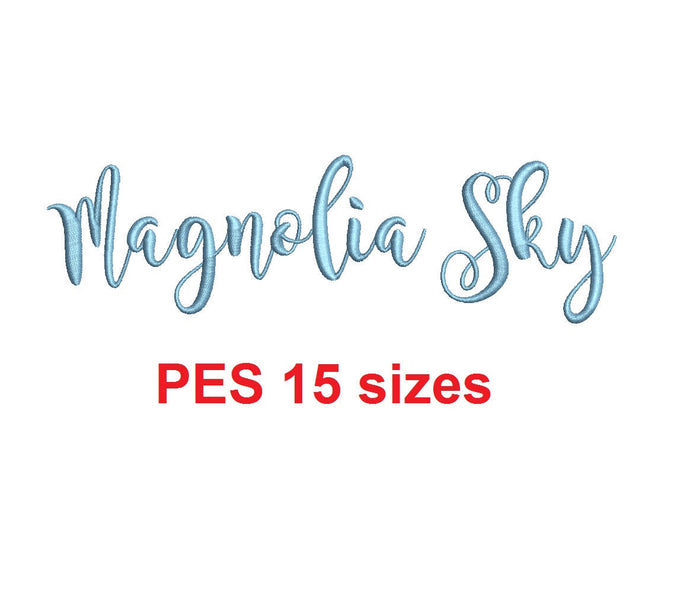 Magnolia Sky embroidery font PES format 15 Sizes 0.25 (1/4), 0.5 (1/2), 1, 1.5, 2, 2.5, 3, 3.5, 4, 4.5, 5, 5.5, 6, 6.5, and 7 inches
